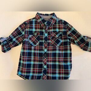 GENUINE KIDS BY OSHKOSH NAVY BLUE/LIGHT BLUE/RED/YELLOW LONG SLEEVE PLAID SHIRT